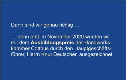 Dann sind wir genau richtig    denn erst im November 2020 wurden wir  mit dem Ausbildungspreis der Handwerks- kammer Cottbus durch den Hauptgeschfts- fhrer, Herrn Knut Deutscher, ausgezeichnet.